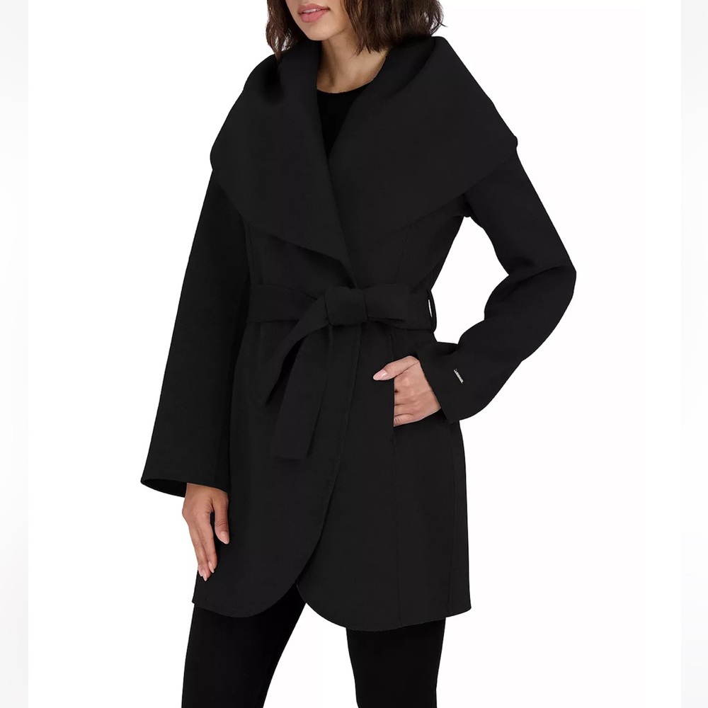 T Tahari Marla Shawl-Collar Wool Wrap Coat Black Size M